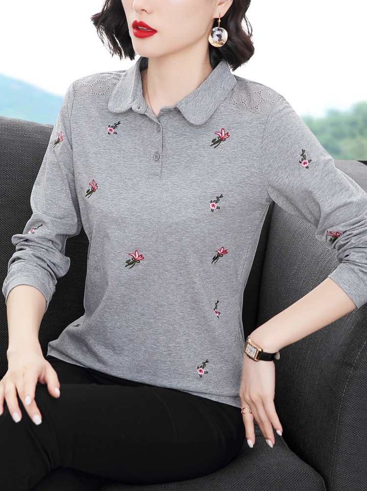 长袖t恤女 宽松2021年秋冬翻领洋气百搭上衣中老年妈妈打底衫