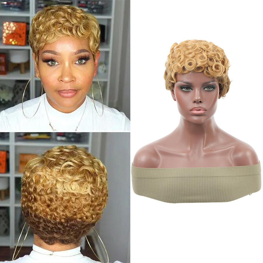 非洲假发短卷发金色时尚非洲短款头套胶织网罗马卷一体假发头套