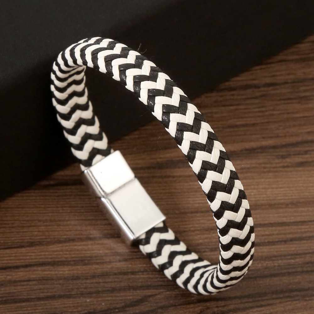 Cross-Border New Couple's Simple Bracelet Black and White Leather Multi-Layer Hand-Woven Stainless Steel Bracelet