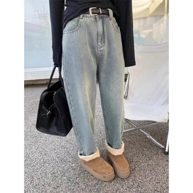 good style! slim and warm! high waist velvet padded jeans casual all-matching thickened daddy pants women‘s trousers