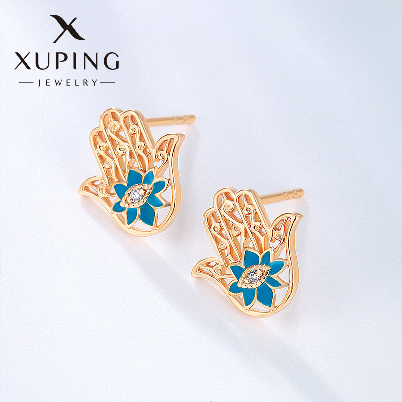 xuping jewelry europe and america cross border ornament creative retro personality blue drip glazed hollow palm stud earrings wholesale for women