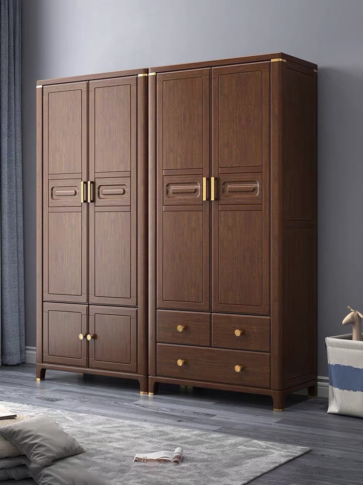 New Chinese Style Solid Wood Wardrobe Walnut Small Apartment Two Doors Four Doors Bedroom and Household Combination Wardrobe Locker