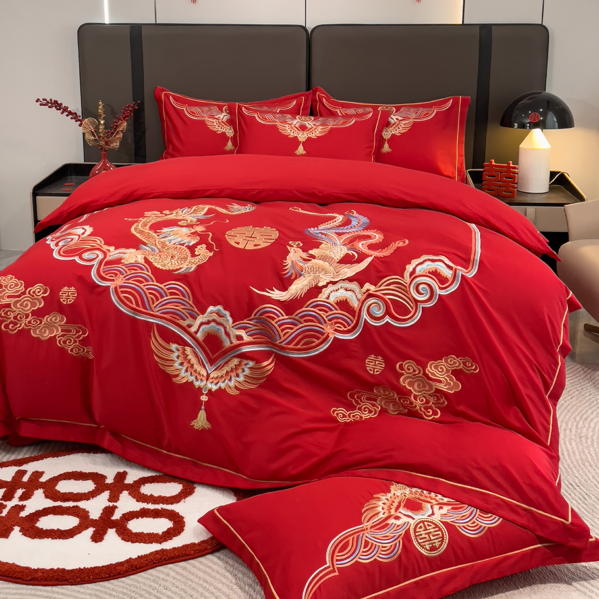 中式龙凤刺绣婚庆四件套大红色床单被套喜嫁新婚高档结婚床上用品