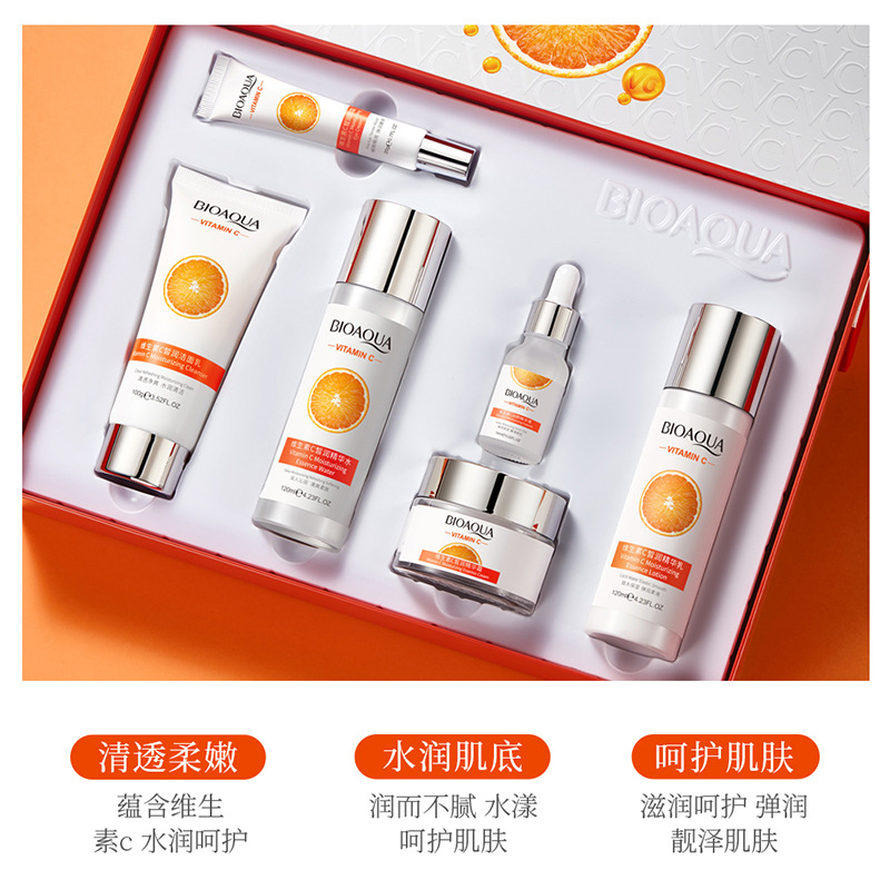 Foreign Trade Exclusive for Bioaqua Vitamin C Fair Moisturizing Beauty Six-Piece Set Shrink Pores Skin Care Products Care Wholesale