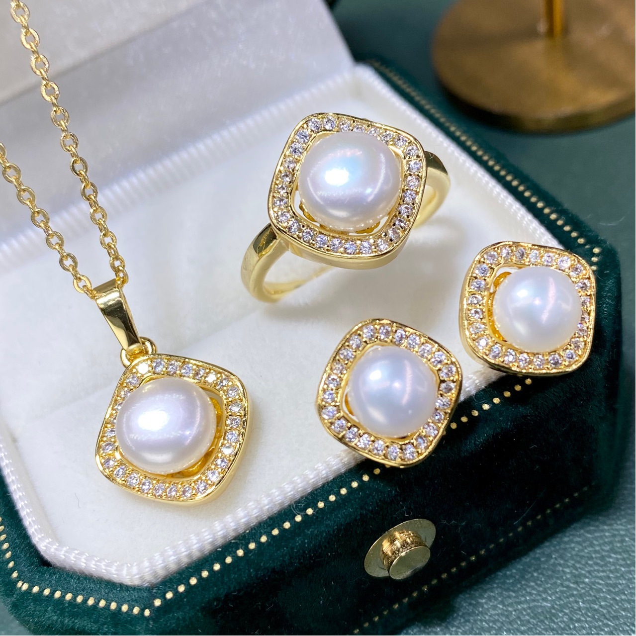 天然淡水真珍珠项链耳环戒指三件套装正品气质时尚套装送女友妈妈