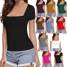 跨境亚马逊ebay新品热卖女装欧美修身纯色短袖夏季方领休闲T恤女
