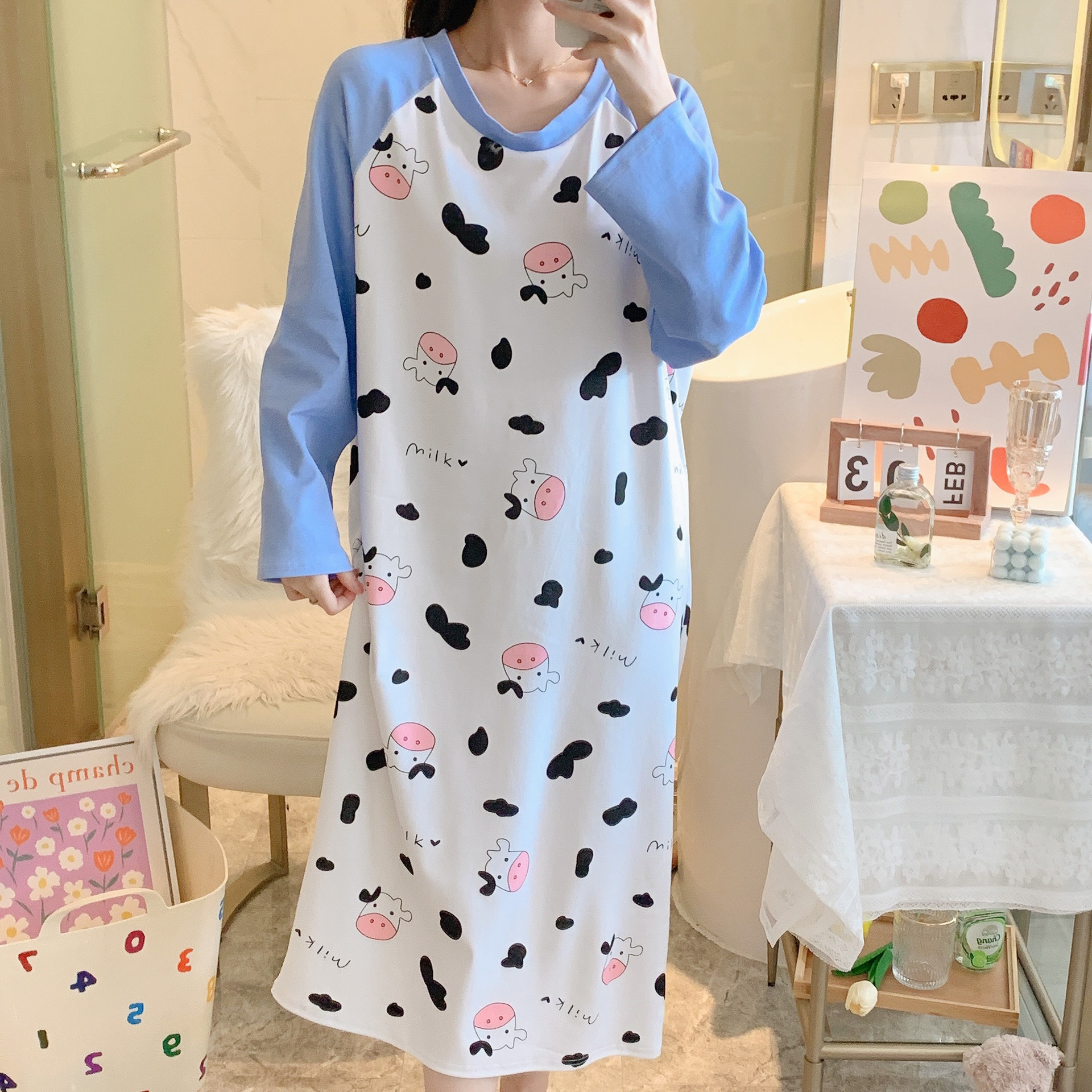 睡衣女春秋季学生宿舍韩版网红爆款长袖睡裙中长款甜美家居服冬天