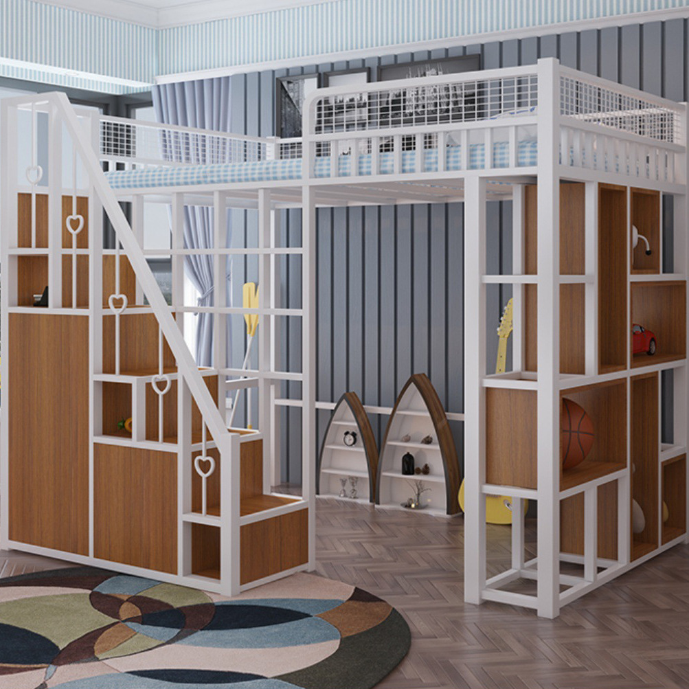 北欧现代铁艺高架床黑色白色简约金属经济型多功能复式加高阁楼床