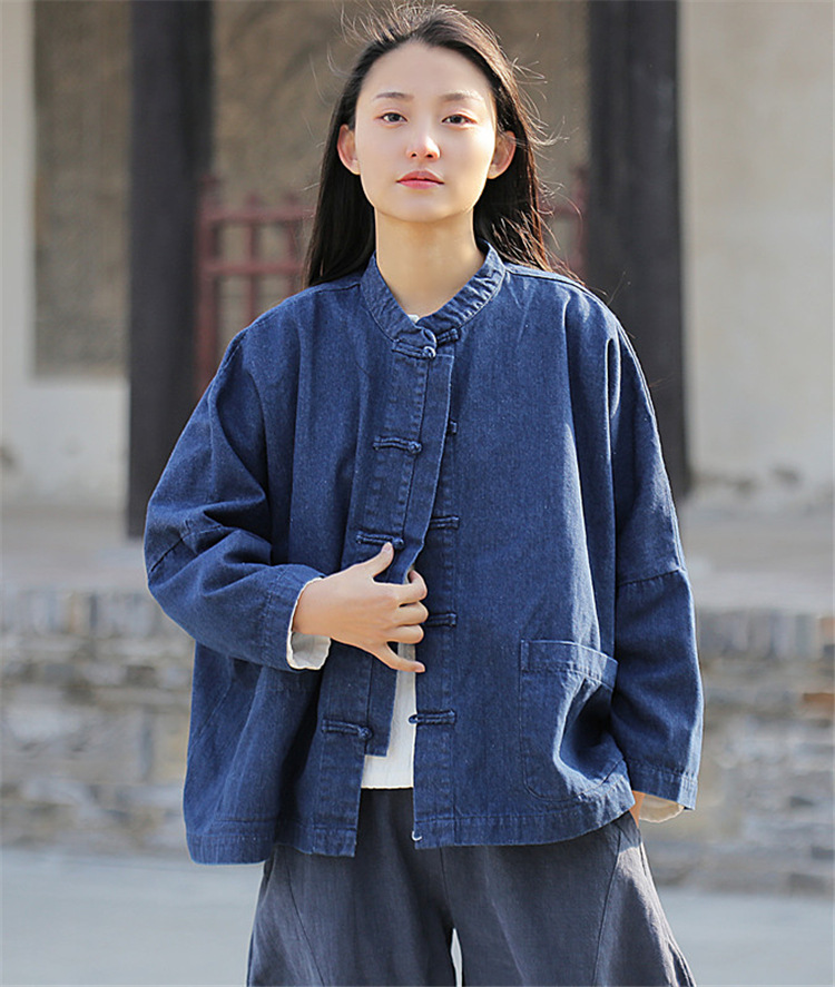 小暖棉麻女装 砂洗牛仔 中式盘扣衬衫2色宽松休闲上衣