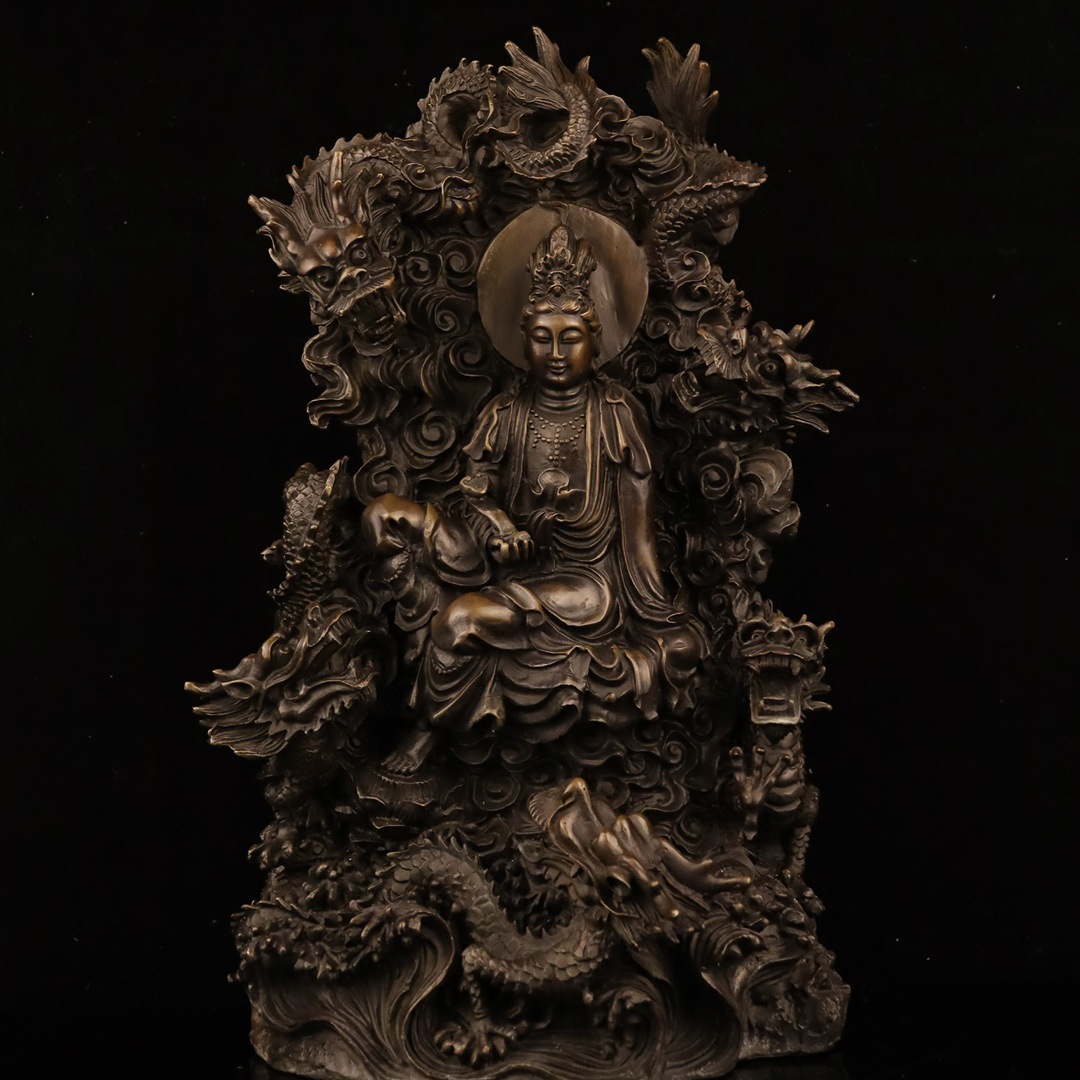 黄铜九龙观音摆件仿古铜五龙观世音千手观音菩萨家居佛堂寺庙供奉