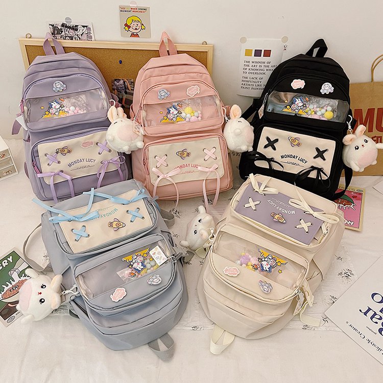 Japanese Campus College Style Fresh Creative Cute Bow Drawstring Transparent Soft Girl Student Backpack Schoolbag