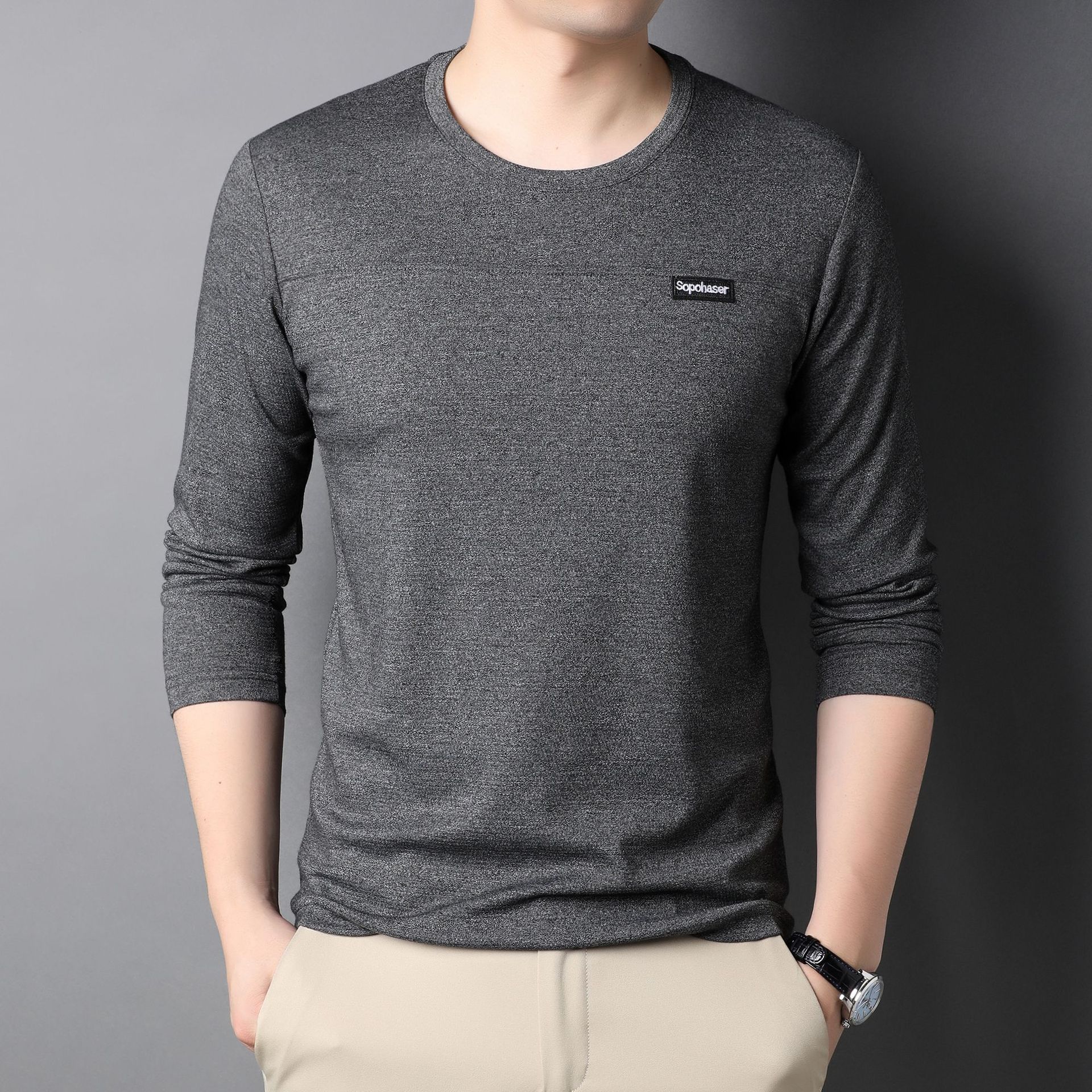 秋季新款男士长袖圆领不连帽中年男款现货休闲修身型纯色刺绣t恤