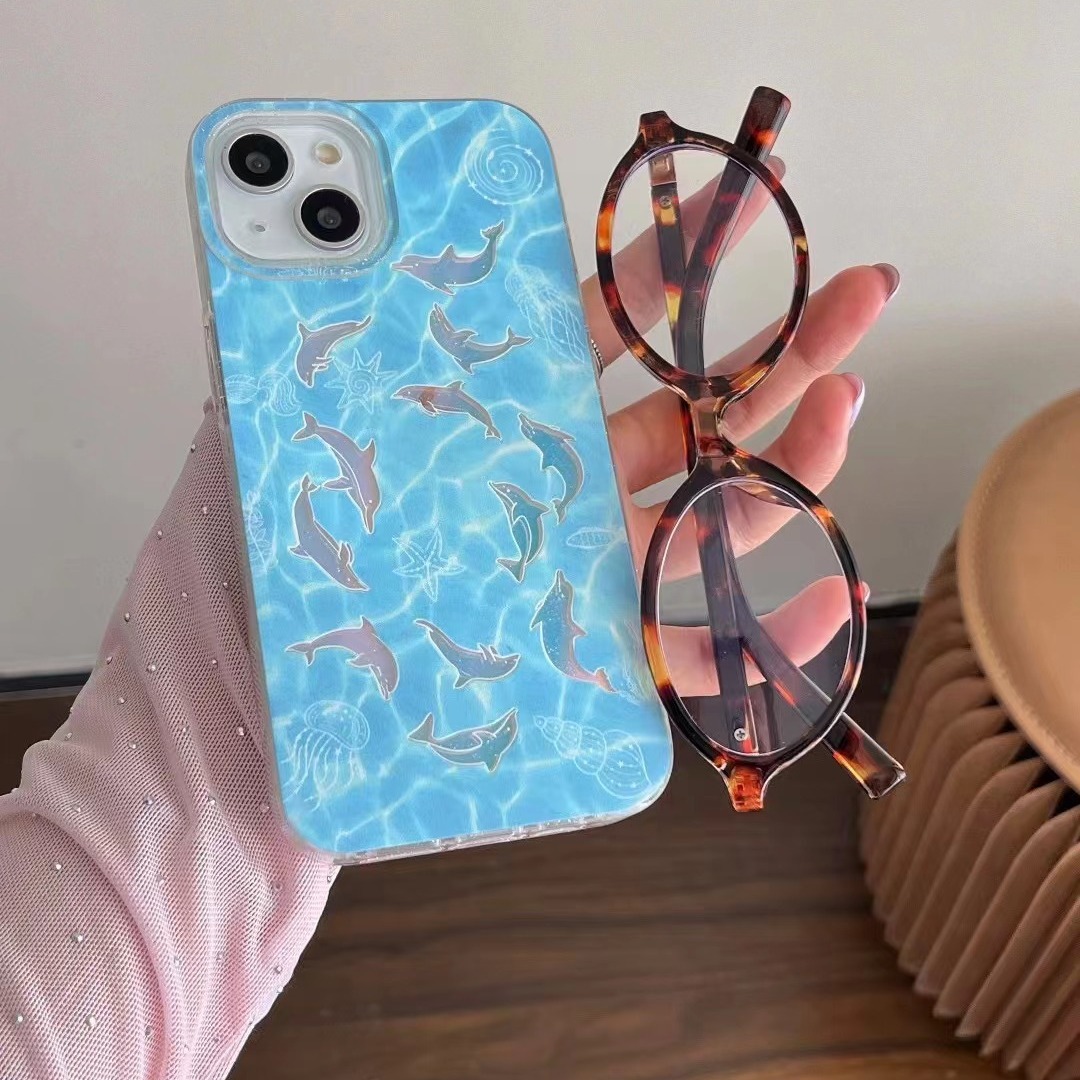 海底海豚水母iphone15promax手机壳13双层imd适用苹果14蓝色12pro