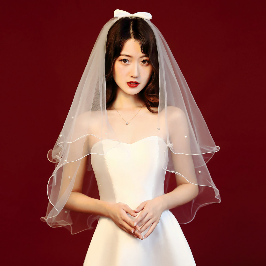 新娘头纱蝴蝶结短款甜美婚纱礼服头饰旅拍小清新短发新娘婚礼配饰