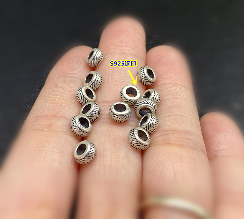 S925 Sterling Silver Retro Large Hole Barrel Beads Spacer Bead Pendant Lanyard Hand-Woven Bracelet DIY Bead Finishing Accessories
