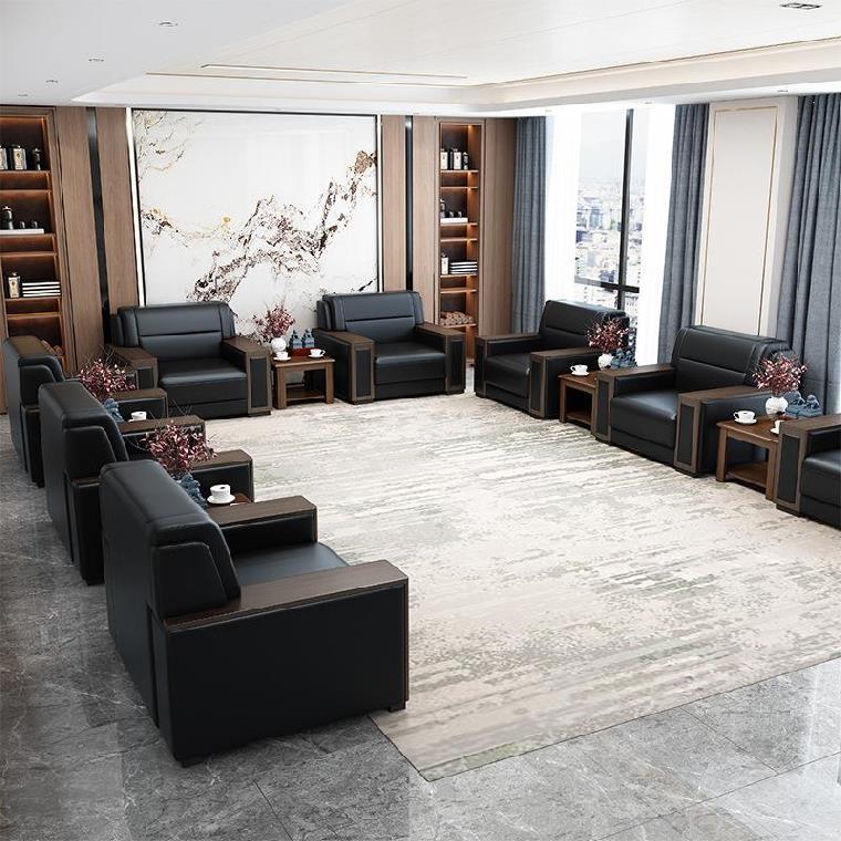 办公沙发茶几组合实木皮艺贵宾接待商务洽谈会议室别墅三人位沙发