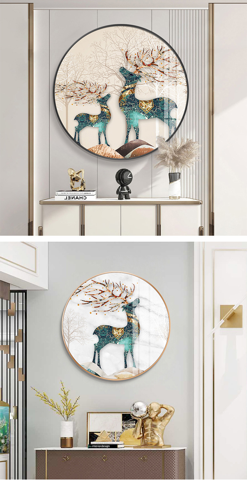 晶瓷画发财鹿财招入户玄关客厅装饰画圆形走廊过道壁画餐厅挂画