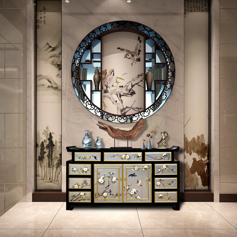 批发彩绘玄关柜餐边柜新中式鞋柜实木进门翘头柜装饰柜多斗柜漆器