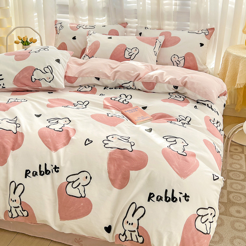 Cotton Four-Piece Set Cute Three-Piece 100% Cotton Set Bedding Children Girl Dormitory Bedding Bed Sheet Fitted Sheet Quilt Cover