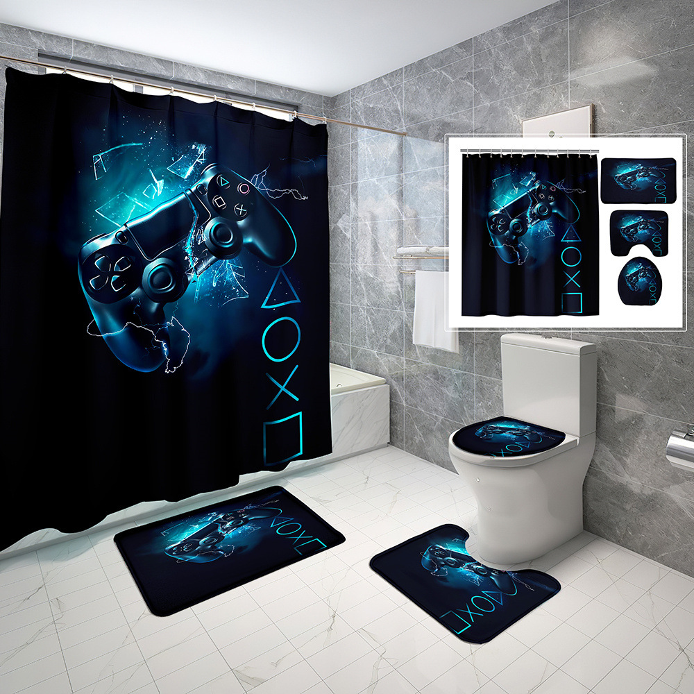 3D Game Handle Toilet Mat Three-Piece Digital Printing Waterproof Shower Curtain with Hook Non-Slip Bathroom Carpet