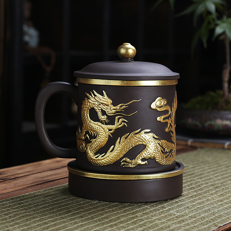 高档紫砂杯浮雕鎏金泡茶杯男士老板个人办公室大水杯家用茶水分离