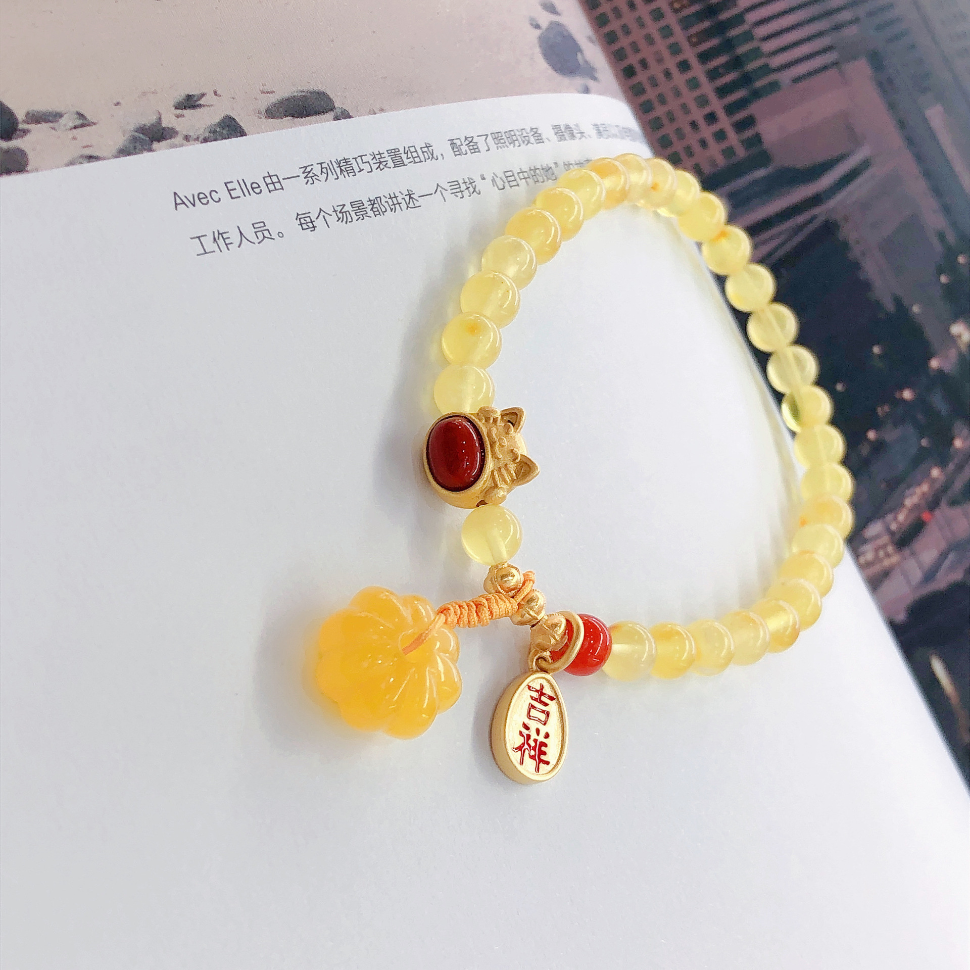 新品单圈蜜蜡国风南瓜招财猫葫芦手饰首饰礼配饰设计感手工手链女