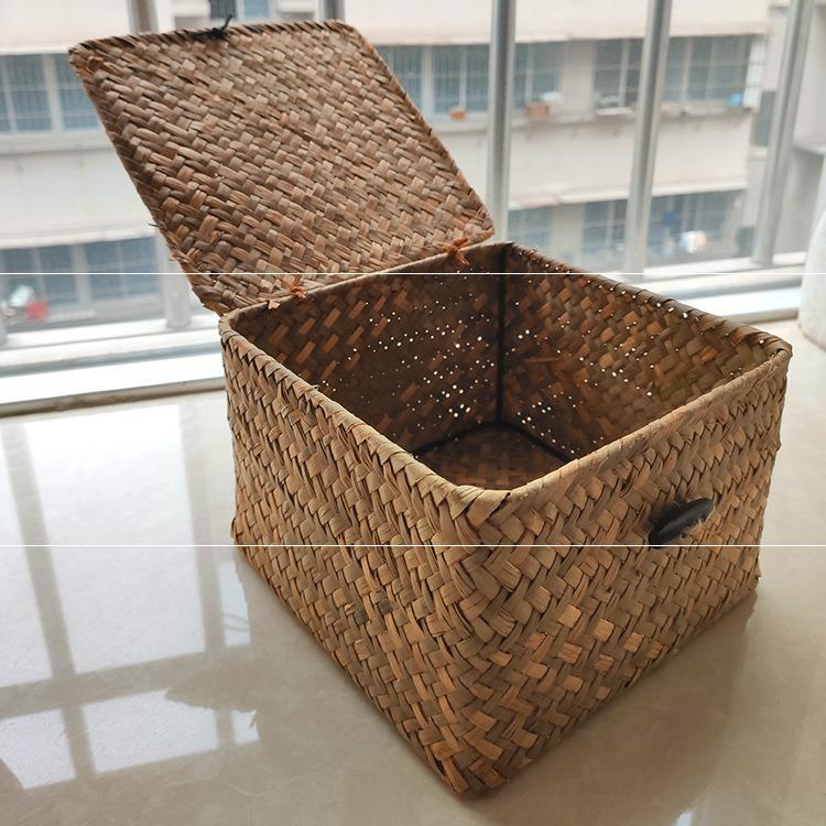 海草编织储物收纳盒编织杂物草编收纳箱家居整理带盖正方形收纳筐