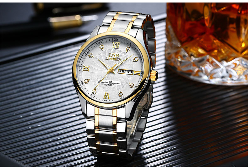 一件代发劳斯宾双日历夜光商务男士钢带手表防水经典时尚石英腕表