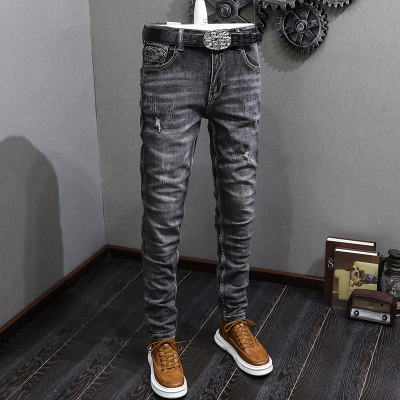   Foreign Trade Jeans Men's Stretch Slim Trousers Urban Fashion Brand All-Matching Pants Teenagers European and American Style Retro Denim