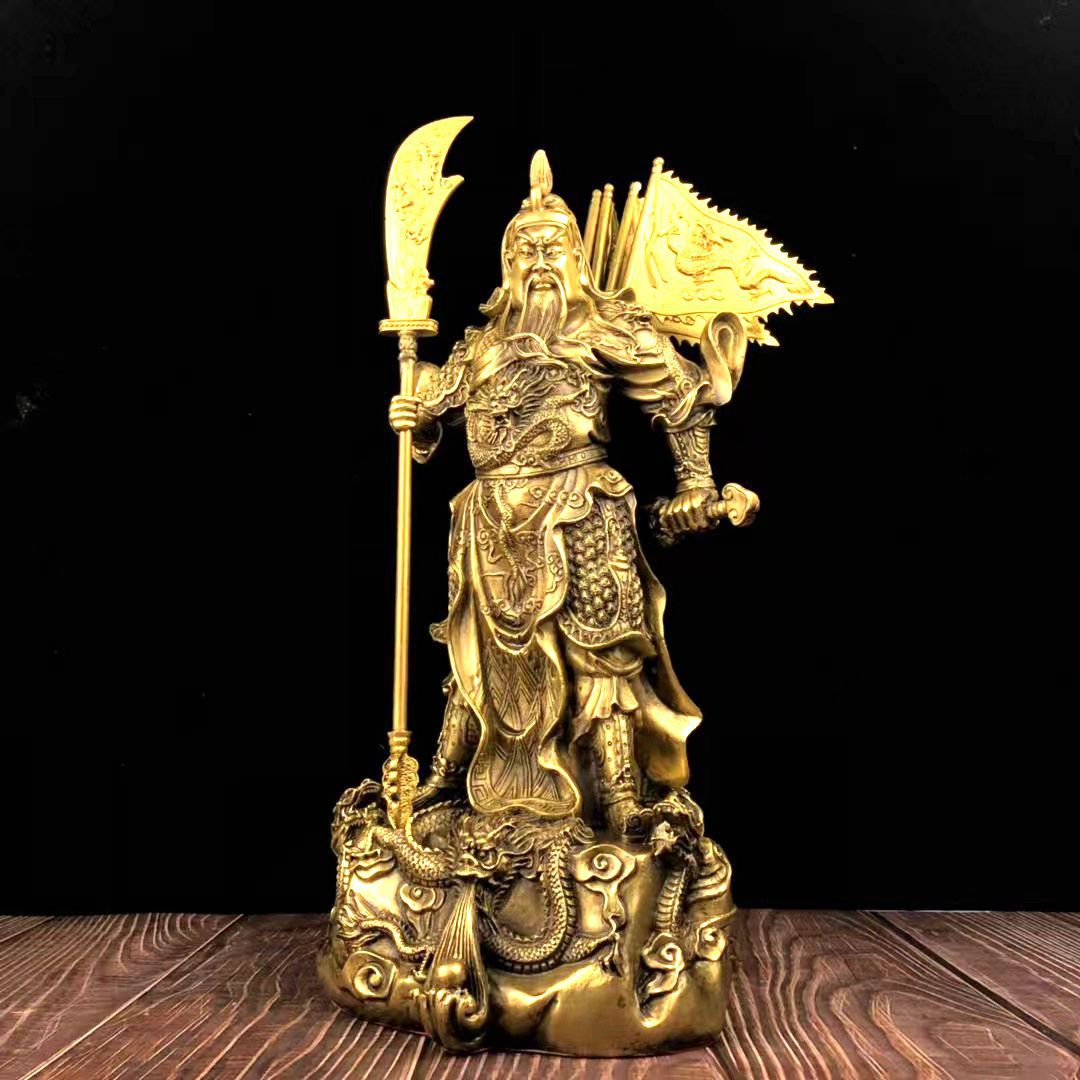 纯黄铜背插五旗九龙祥龙关公关羽二爷武圣武财神爷站佛像供奉摆件