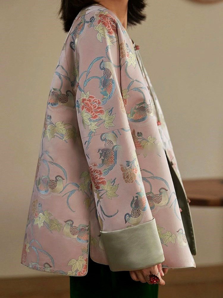 复古国风改良唐装刺绣提花衬衫上衣新中式香云纱禅意粉色盘扣外套