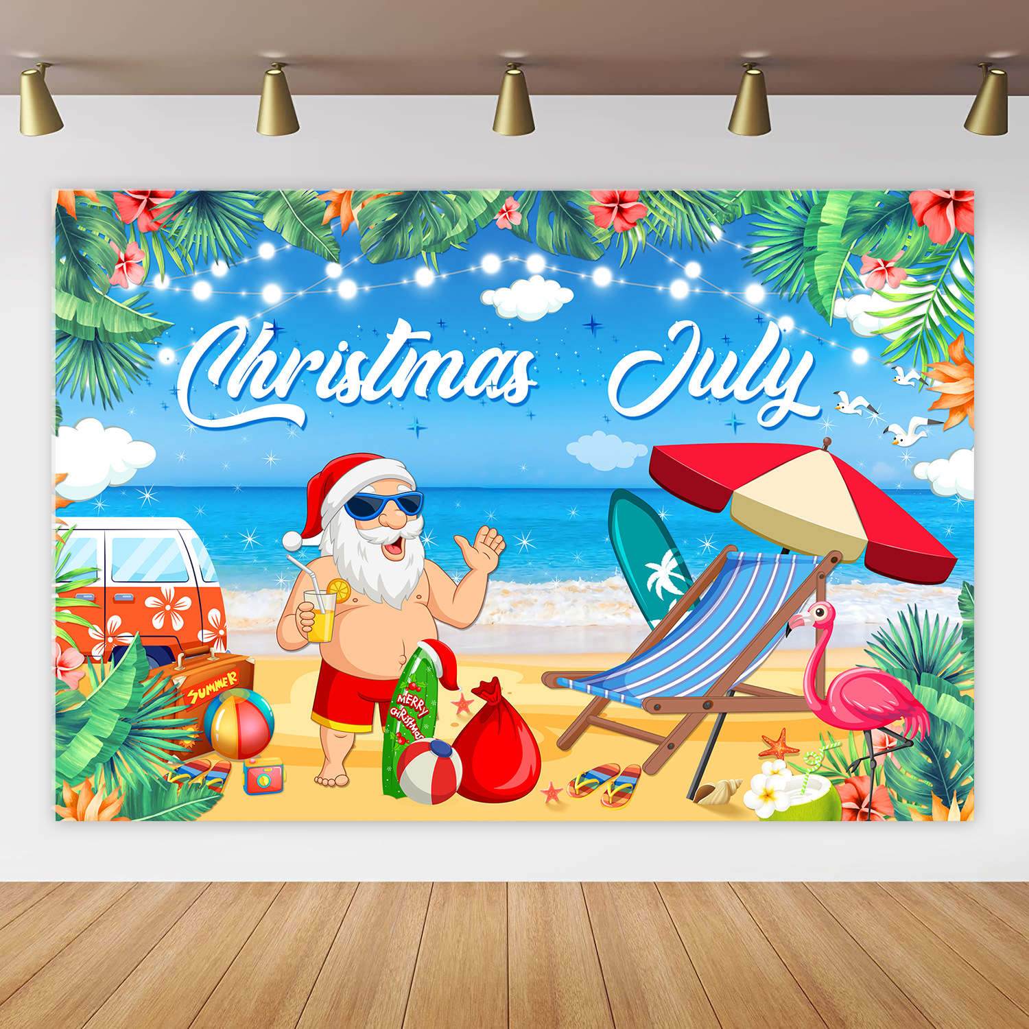 Christmas July Background Fabric Christmas Banner Party Decoration Supplies Beach Flamingo Photo Background