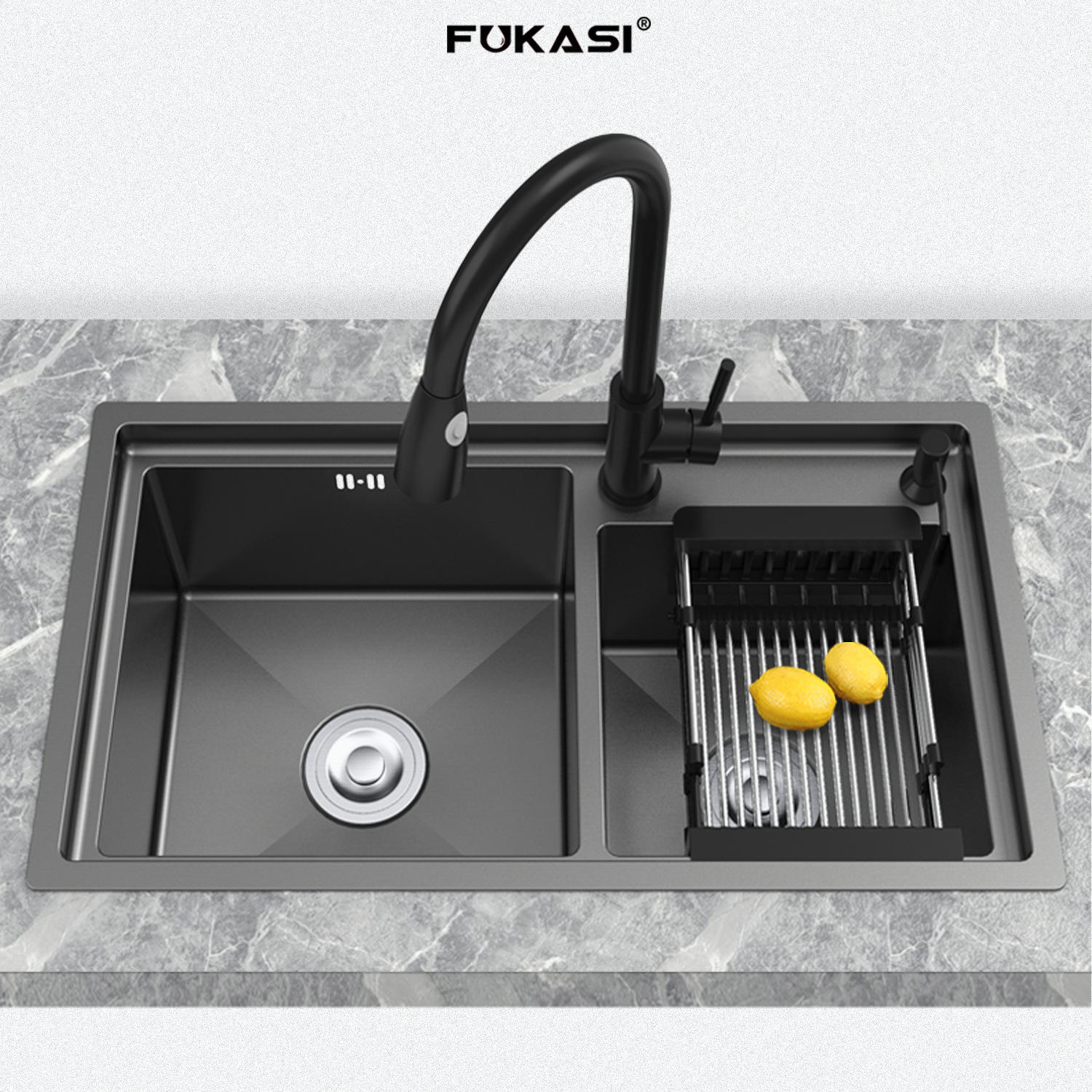 黑金刚纳米不锈钢手做水槽201双槽台阶加厚黑色洗菜盆304厨房龙头