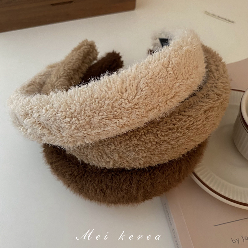 south korea milk tea color plush geometric headband autumn and winter new high skull top hair band fashion commuter hair accessories for women