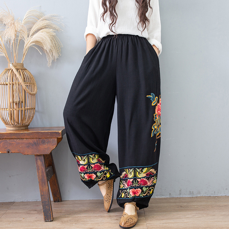 民族风刺绣棉麻灯笼裤女春季新款大码女装松紧腰宽松萝卜长裤8114