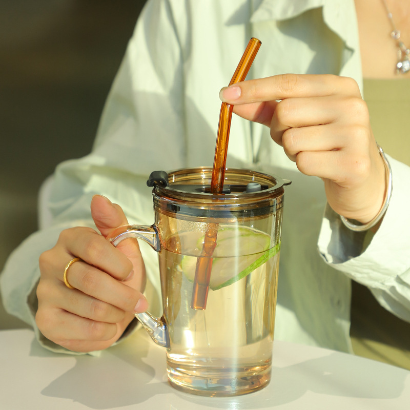 水杯夏季ins家用办公高颜值带吸管创意男女情侣马克杯玻璃把茶杯
