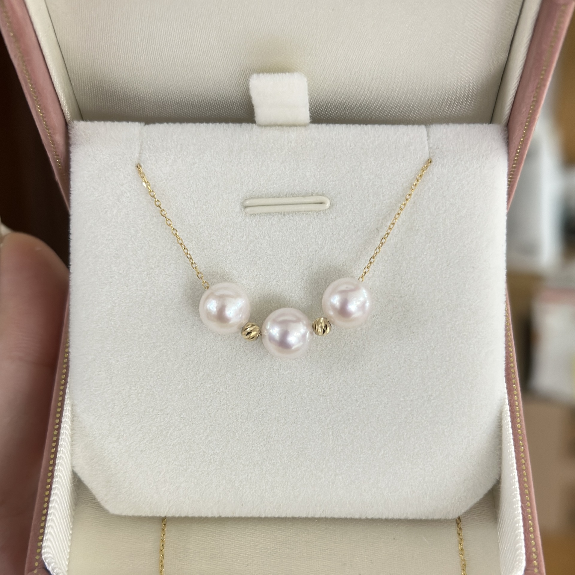 18k金日本akoya海水珠天然珍珠吊坠微笑项链多颗路路通正圆7.