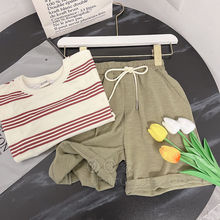 韩国童装儿童套装2024夏季新款女宝宝男童条纹短袖T恤+短裤两件套