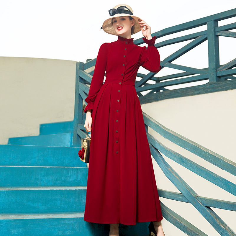 帝弗润驰秋装年新款女气质红色连衣裙长款长袖感连衣裙女