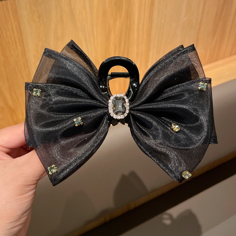 韩国气质蝴蝶结网纱大号鲨鱼夹高级感水钻镶嵌盘发夹女后脑勺抓夹