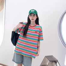 韩国夏季韩版简约休闲彩虹条纹字母小标减龄显瘦圆领短袖T恤1125