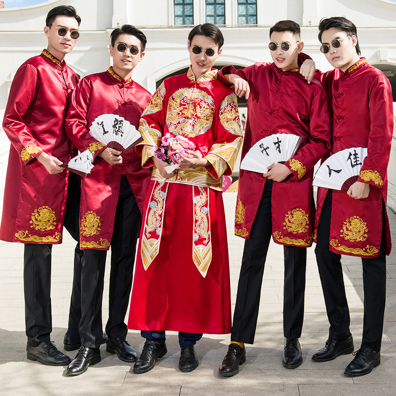 中式伴郎服兄弟装团服大褂创意长袍男马褂相声服接亲礼服套装夏季