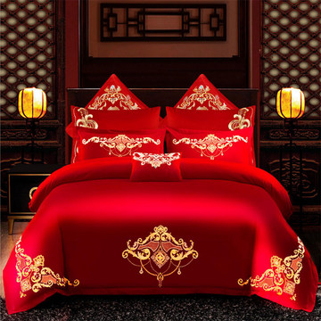 婚庆四件套结婚大红色婚房龙凤刺绣婚床新婚喜被子绣花床品床裙款