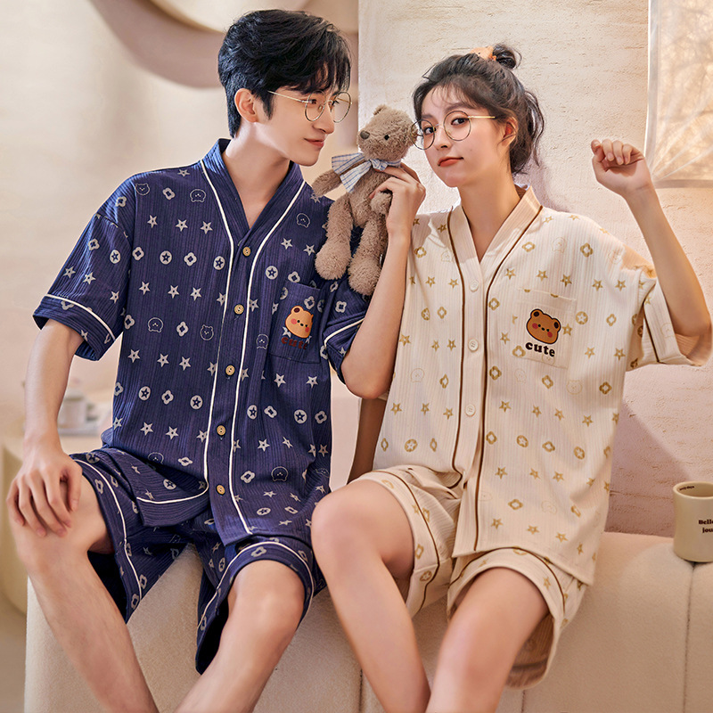 Chun Baifen Cute Couple Pajamas Women's Summer Short Sleeve Shorts Cardigan Men Leisure Set Homewear Can Be Worn outside