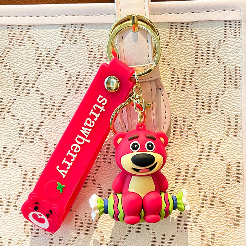 Cute Dessert Shop Strawberry Bear Keychain Cartoon PVC Toy Bag Package Pendant Car Key Ring Gift Wholesale