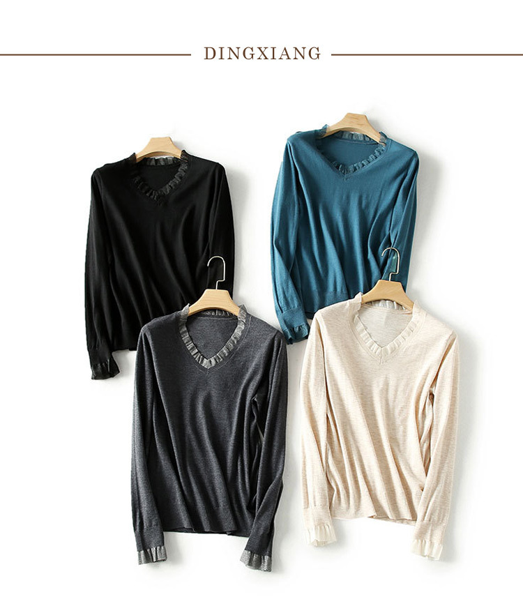 真丝羊绒长袖针织衫女欧根纱拼接v领纯色羊毛打底衫衫套头毛衣