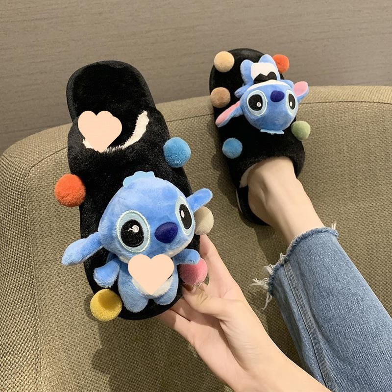 卡通棉拖鞋女可爱毛绒居家包头一脚蹬室内冬季史迪仔毛毛鞋少女心