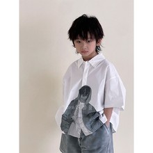 波拉bora韩国男女儿童短袖衬衫2024夏装中大童潮牌图案薄款上衣帅