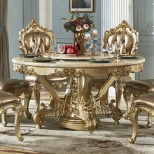 欧式全实木圆桌大理石面餐桌椅组合贵族金色圆餐台大圆桌厂家直销