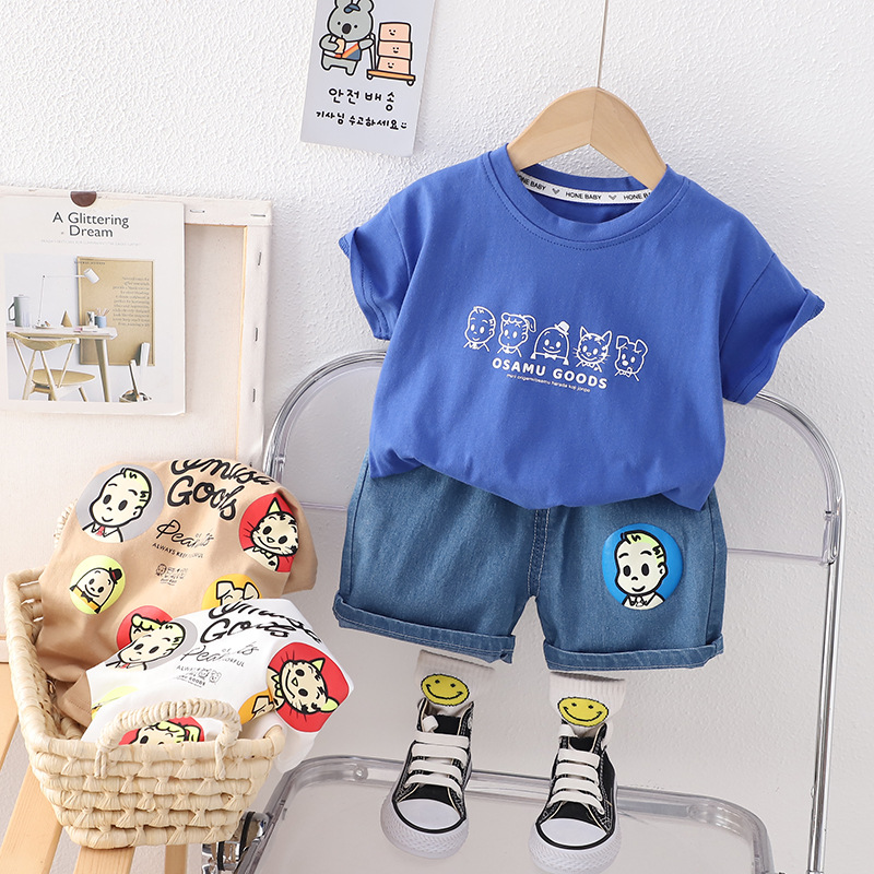 2024 New Fashionable Children's Clothing Children's Short-Sleeved Suit Boy Summer Clothing Clothes Fashion Baby Summer round Neck Two-Piece Set